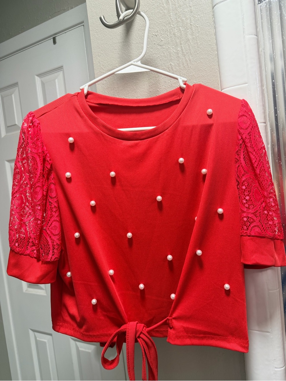 SHEIN Red Pearl-Embellished Lace Sleeve Tie-Front Crop Top